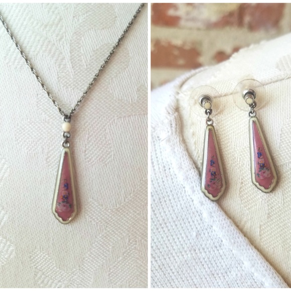 Pink Floral Art Deco Style Necklace/Earrings Set - Picture 1 of 8